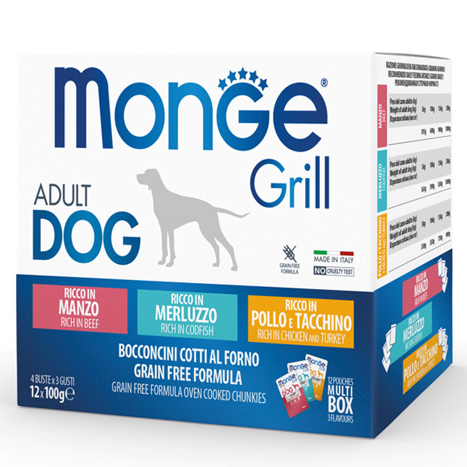 Monge dog adult Grill Mix mitmikpakend kana-turkli/veiseliha/tursk 100g kotike